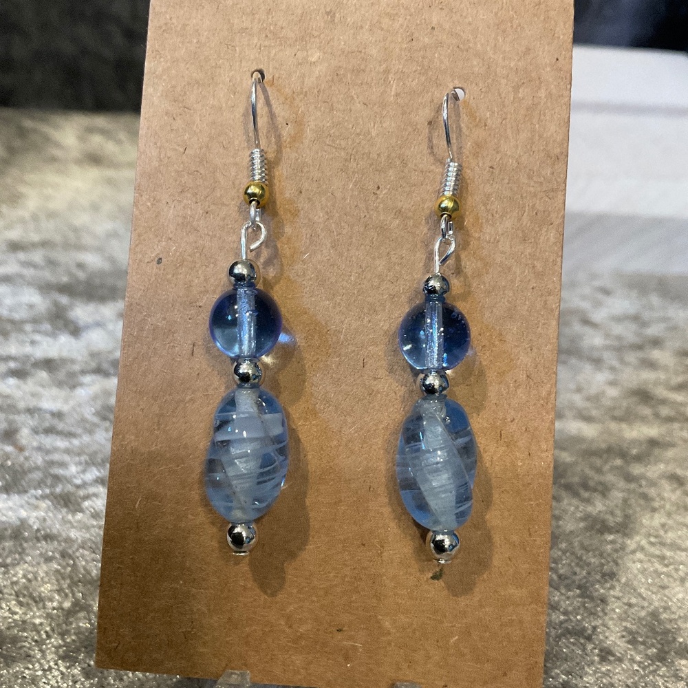 Blue Glass Bead Dangle Pierced Earrings